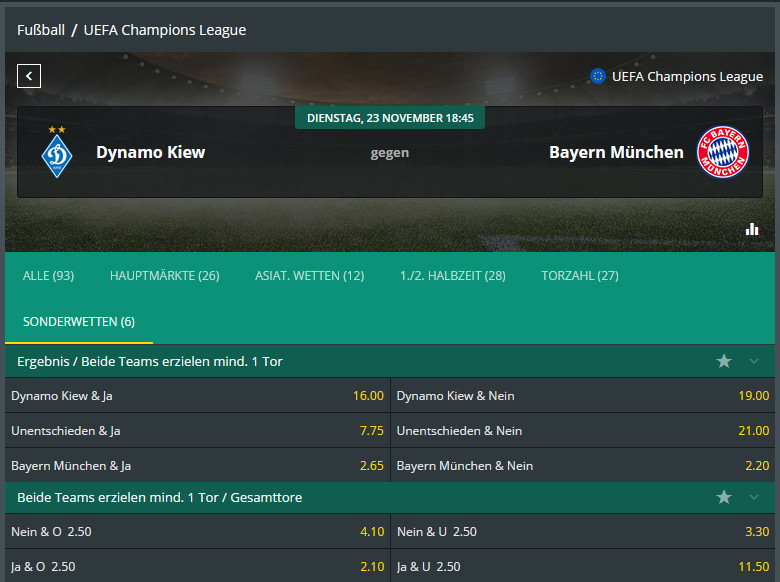 Beispiele für Sonderwetten zum Champions League-Match zwischen Dynamo Kiew und Bayern München.